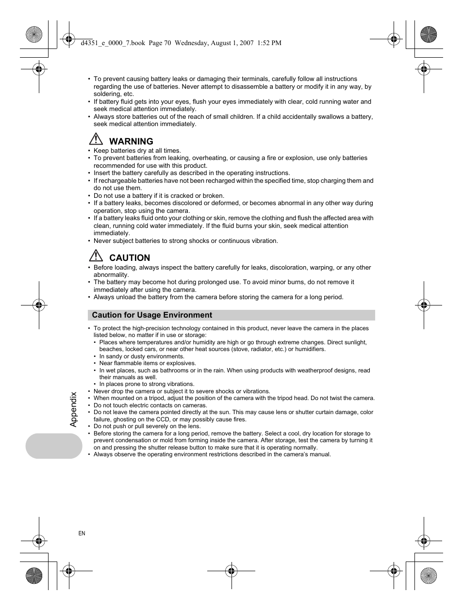 Warning, Caution, Appendix | Olympus 1200 User Manual | Page 70 / 84