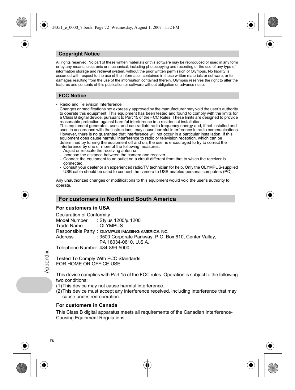 Copyright notice, Fcc notice, For customers in north and south america | Olympus 1200 User Manual | Page 72 / 84