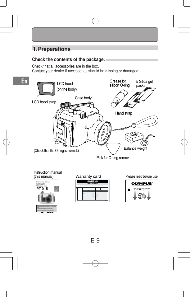 E-9 1. preparations, Check the contents of the package, Please read before use warranty card | Pt-015 | Olympus Waterproof Case PT-15 User Manual | Page 10 / 39