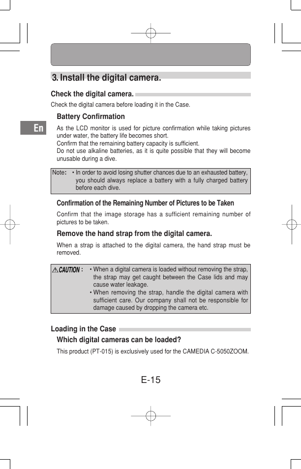 E-15 3. install the digital camera | Olympus Waterproof Case PT-15 User Manual | Page 16 / 39