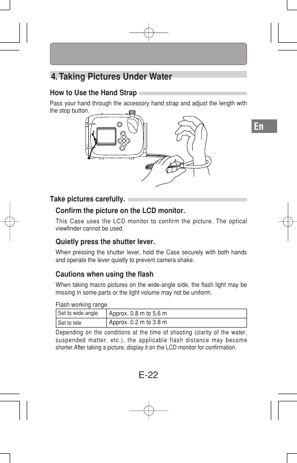 E-22, Taking pictures under water | Olympus Waterproof Case PT-15 User Manual | Page 23 / 39