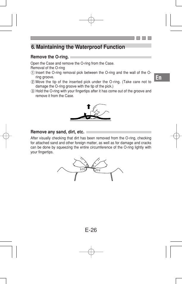 E-26 6. maintaining the waterproof function | Olympus Waterproof Case PT-15 User Manual | Page 27 / 39