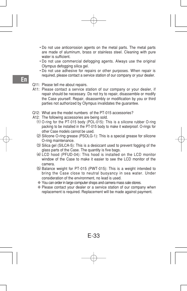 E-33 | Olympus Waterproof Case PT-15 User Manual | Page 34 / 39