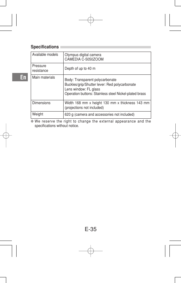 E-35 | Olympus Waterproof Case PT-15 User Manual | Page 36 / 39