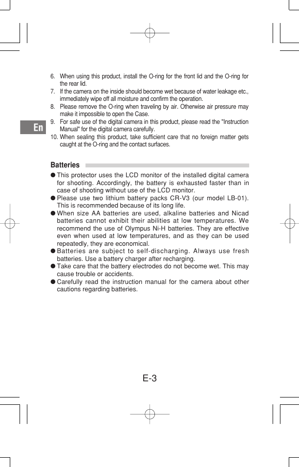 Batteries | Olympus Waterproof Case PT-15 User Manual | Page 4 / 39