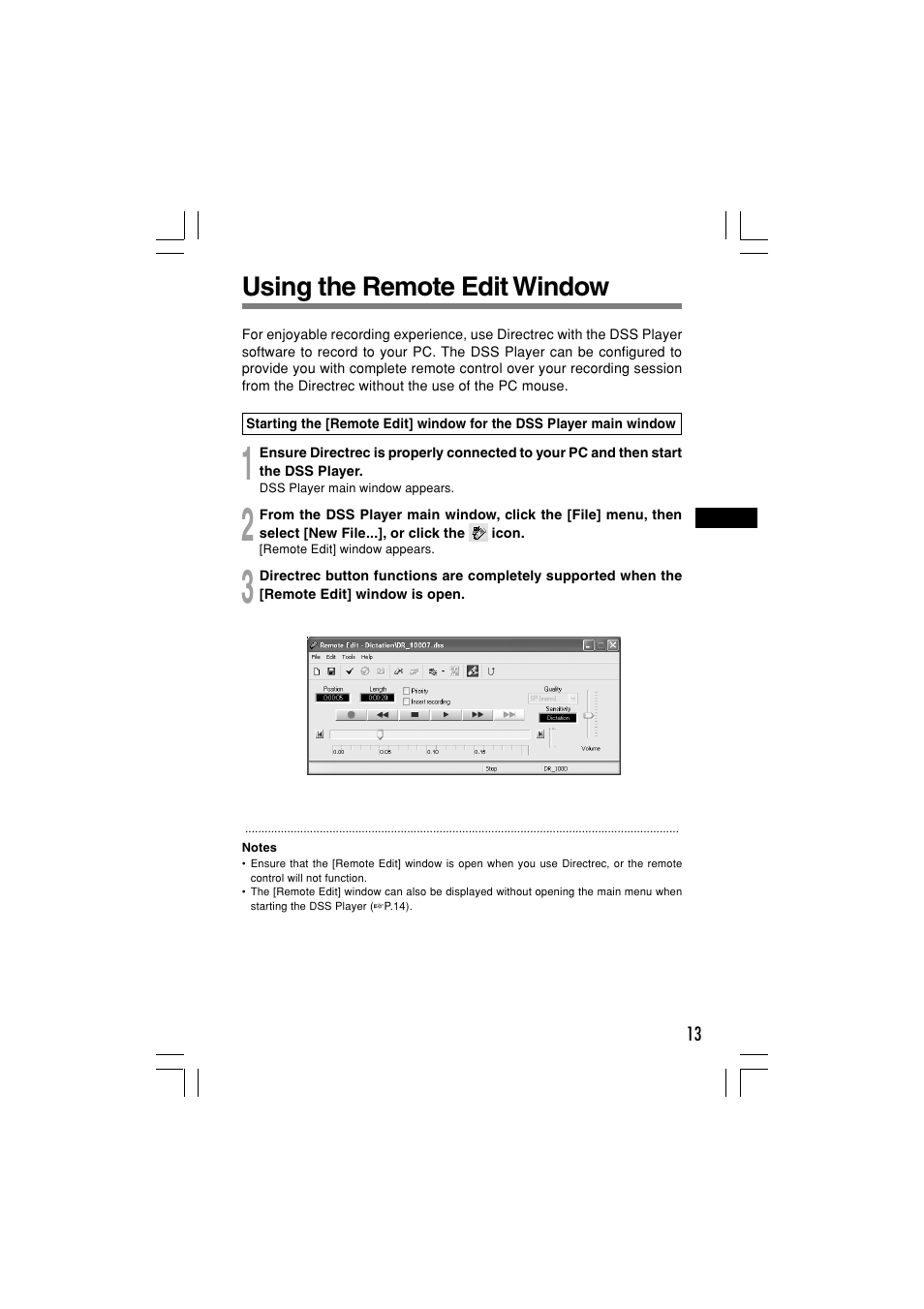 Using the remote edit window | Olympus Dictation Kit DR-1000 User Manual | Page 13 / 36