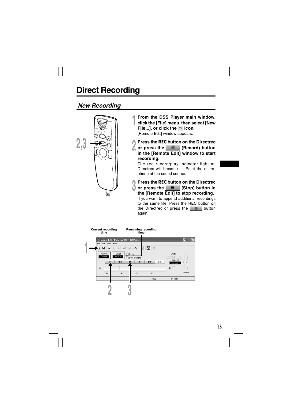 Direct recording | Olympus Dictation Kit DR-1000 User Manual | Page 15 / 36