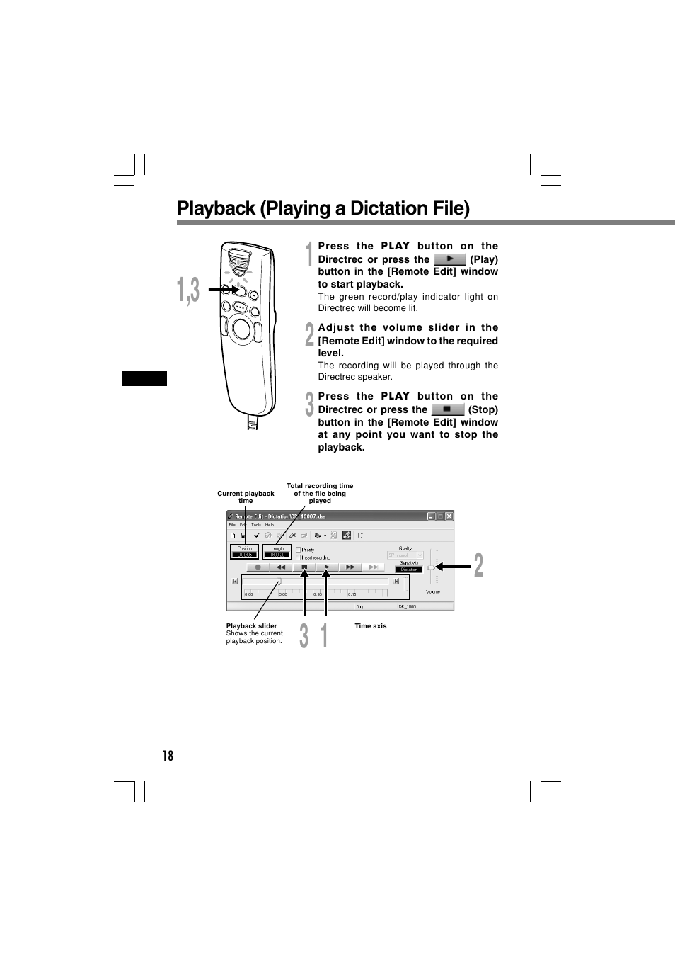 Playback (playing a dictation file) | Olympus Dictation Kit DR-1000 User Manual | Page 18 / 36