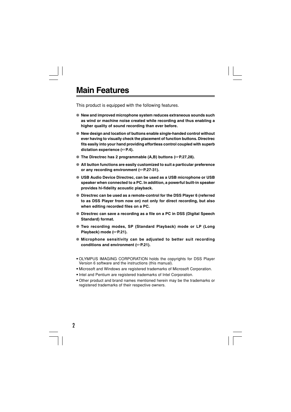 Main features | Olympus Dictation Kit DR-1000 User Manual | Page 2 / 36