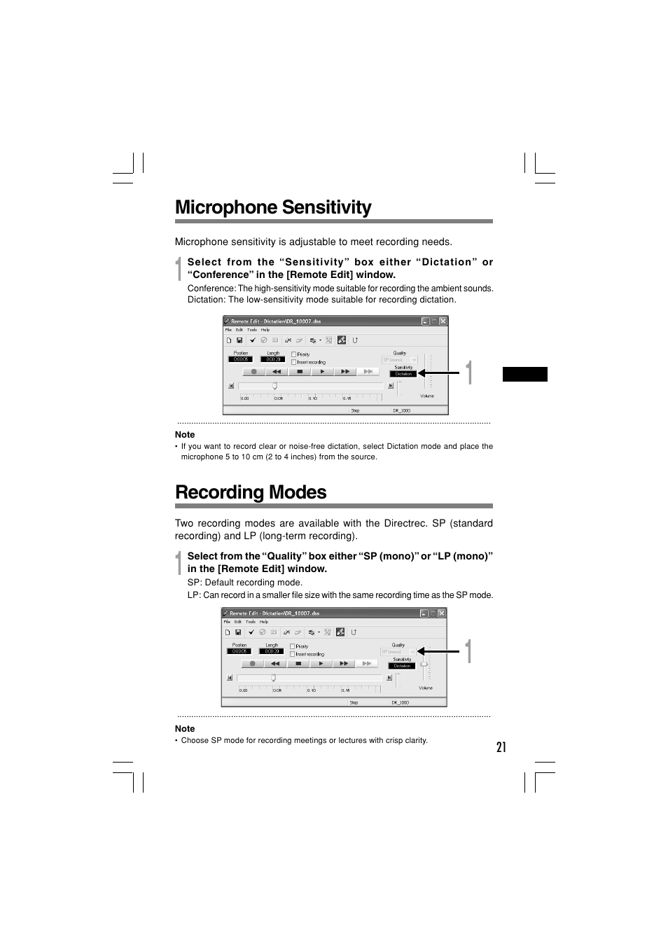 Microphone sensitivity, Recording modes | Olympus Dictation Kit DR-1000 User Manual | Page 21 / 36