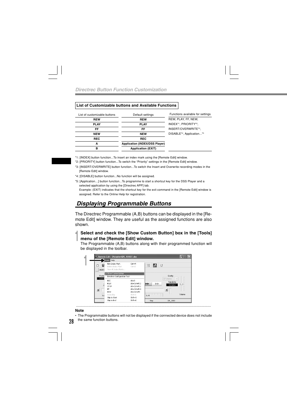 Displaying programmable buttons, Directrec button function customization | Olympus Dictation Kit DR-1000 User Manual | Page 28 / 36