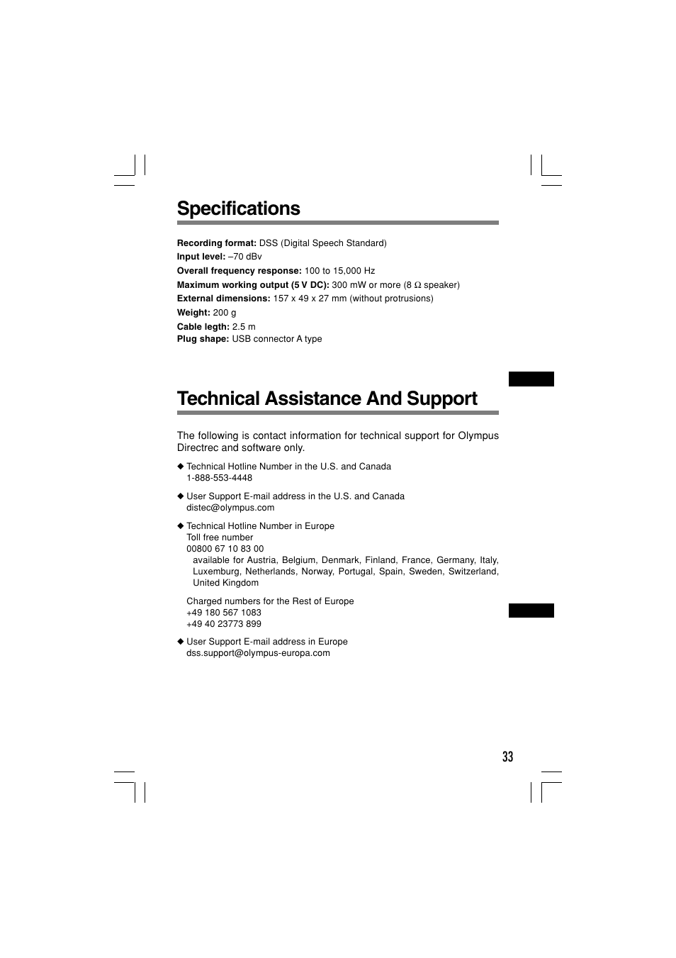 Technical assistance and support, Specifications | Olympus Dictation Kit DR-1000 User Manual | Page 33 / 36