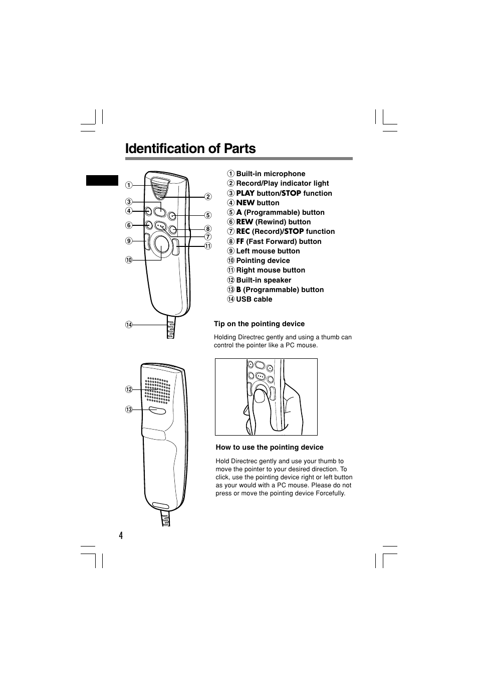 Identification of parts | Olympus Dictation Kit DR-1000 User Manual | Page 4 / 36