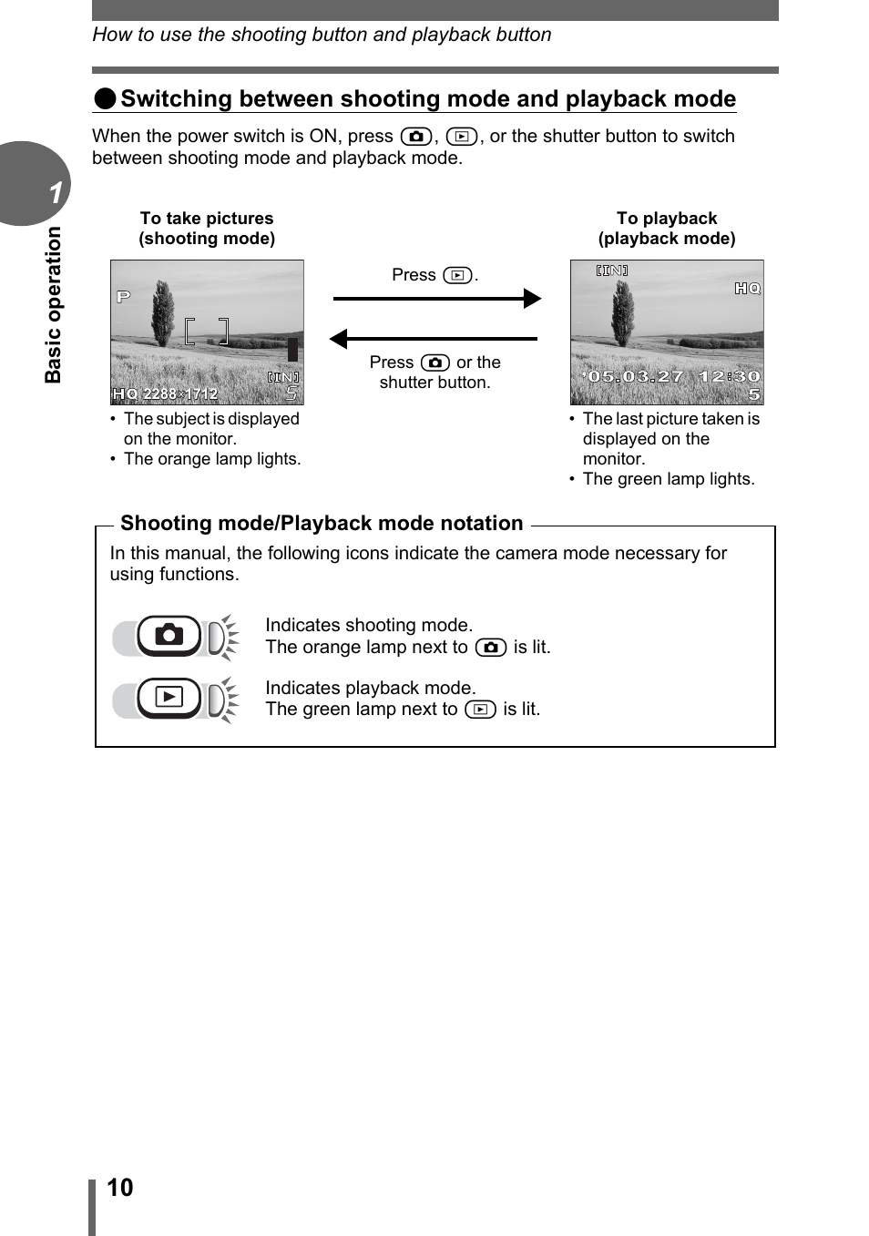 Shooting mode/playback mode notation” (p. 10), Switching between shooting mode and playback mode | Olympus C-170 User Manual | Page 10 / 114