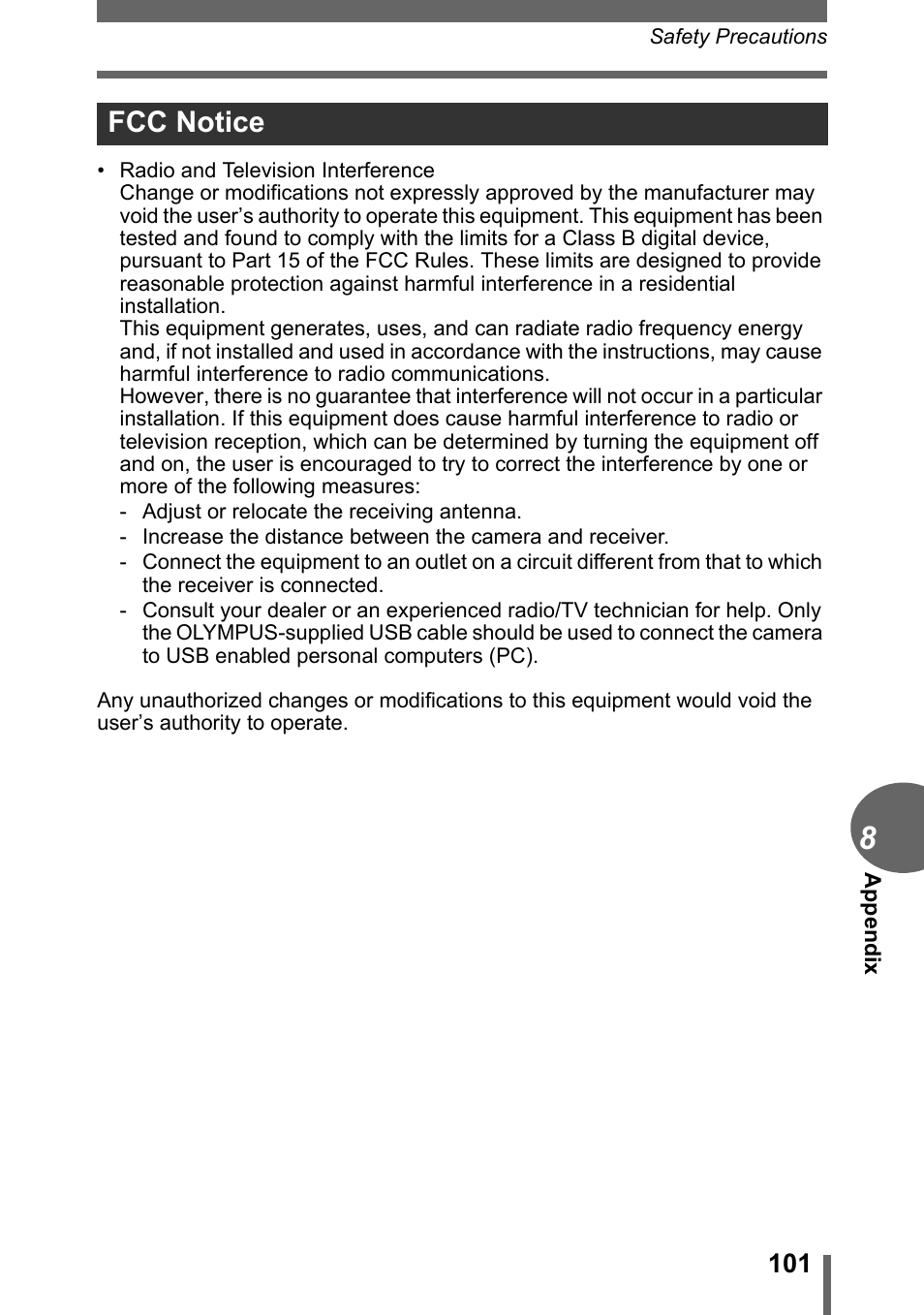 Fcc notice | Olympus C-170 User Manual | Page 101 / 114