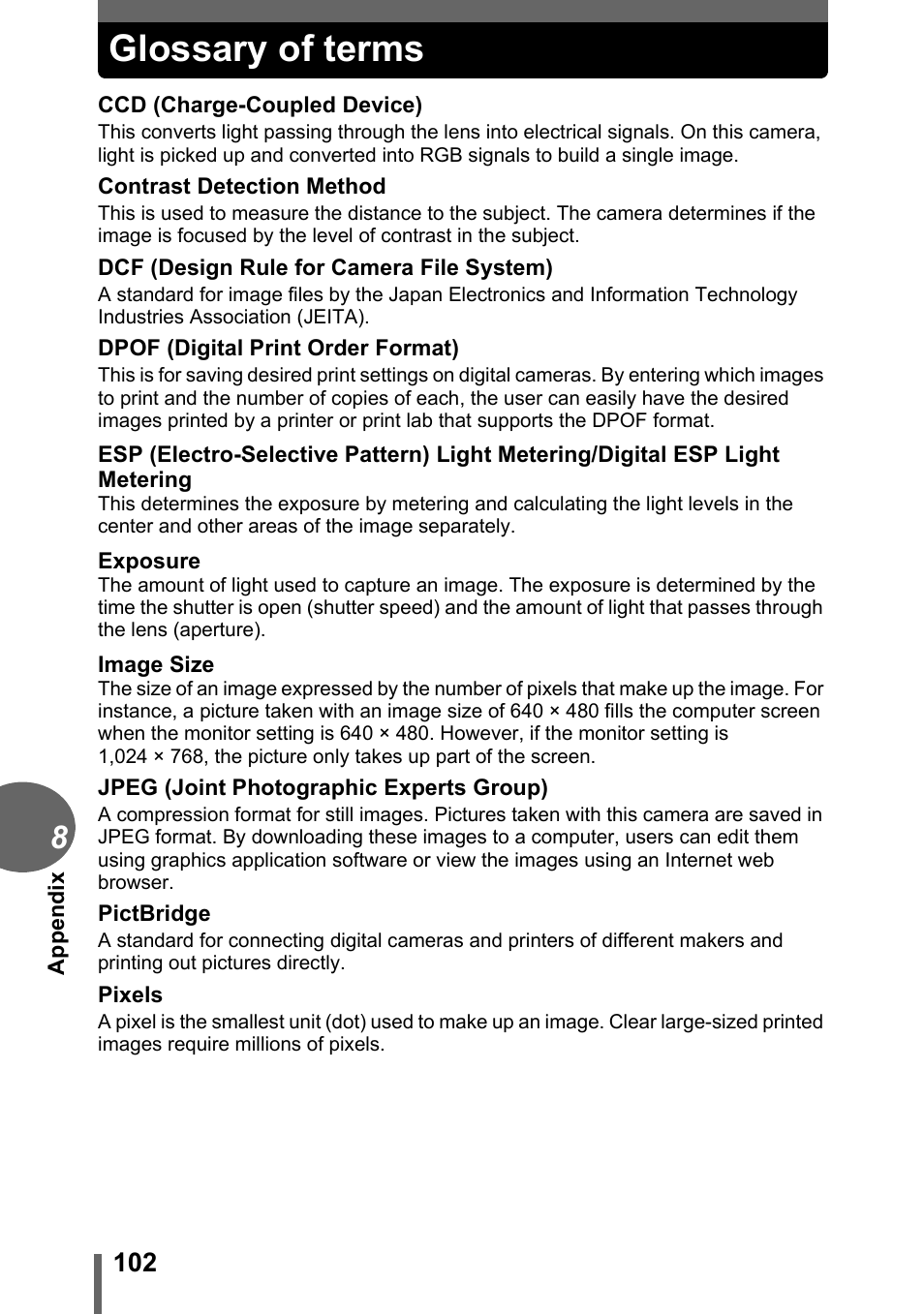 Glossary of terms | Olympus C-170 User Manual | Page 102 / 114