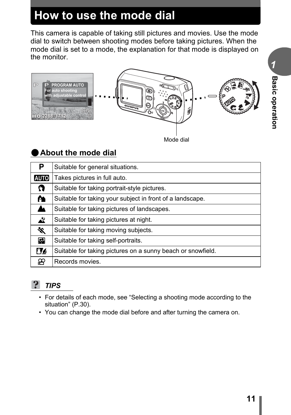 How to use the mode dial, About the mode dial | Olympus C-170 User Manual | Page 11 / 114