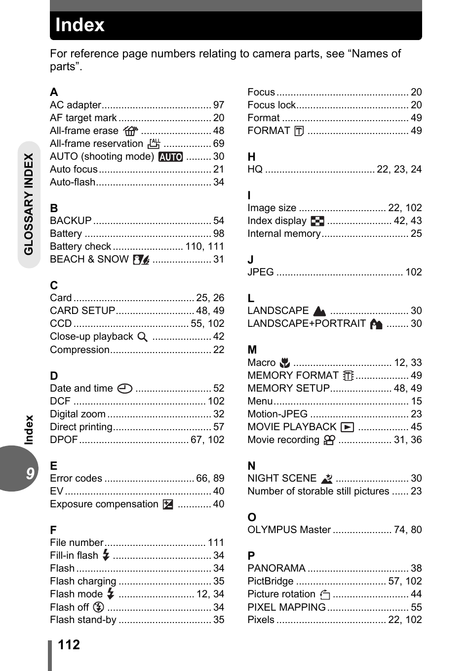 Index | Olympus C-170 User Manual | Page 112 / 114