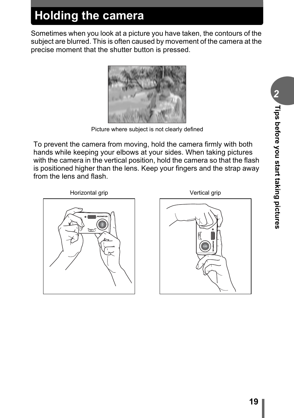 Holding the camera | Olympus C-170 User Manual | Page 19 / 114