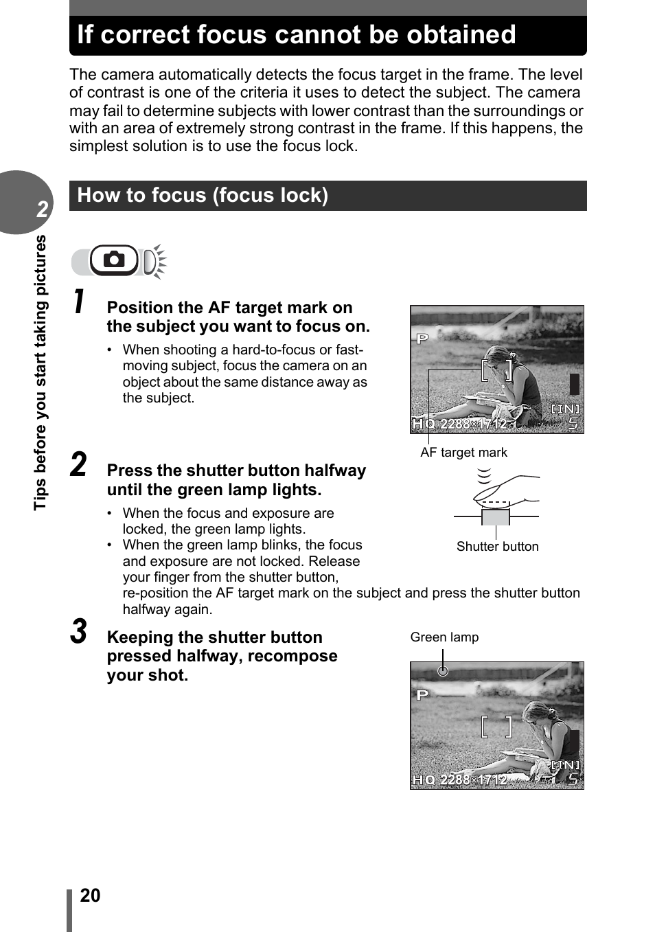 If correct focus cannot be obtained, How to focus (focus lock) | Olympus C-170 User Manual | Page 20 / 114