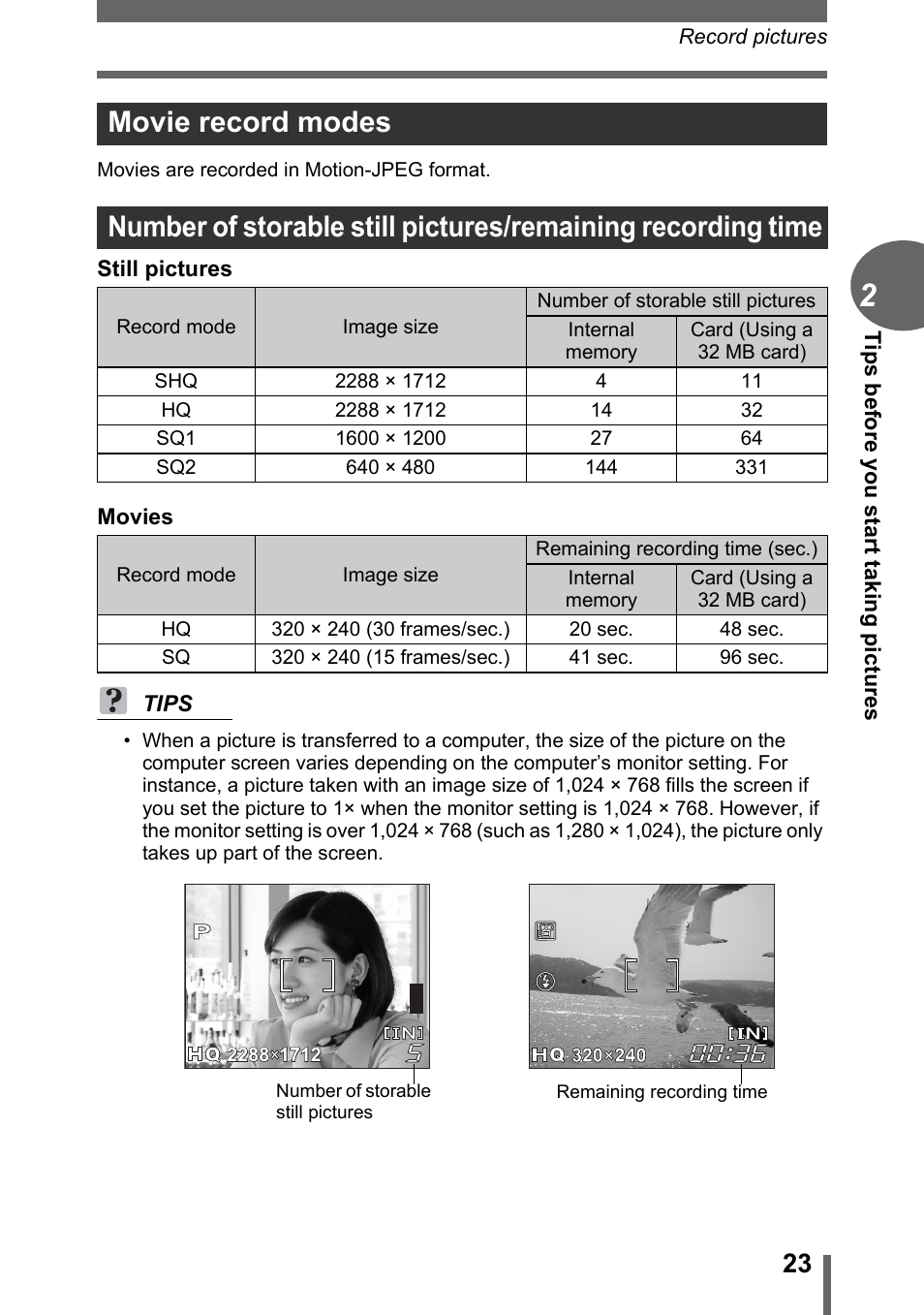 Movie record modes | Olympus C-170 User Manual | Page 23 / 114