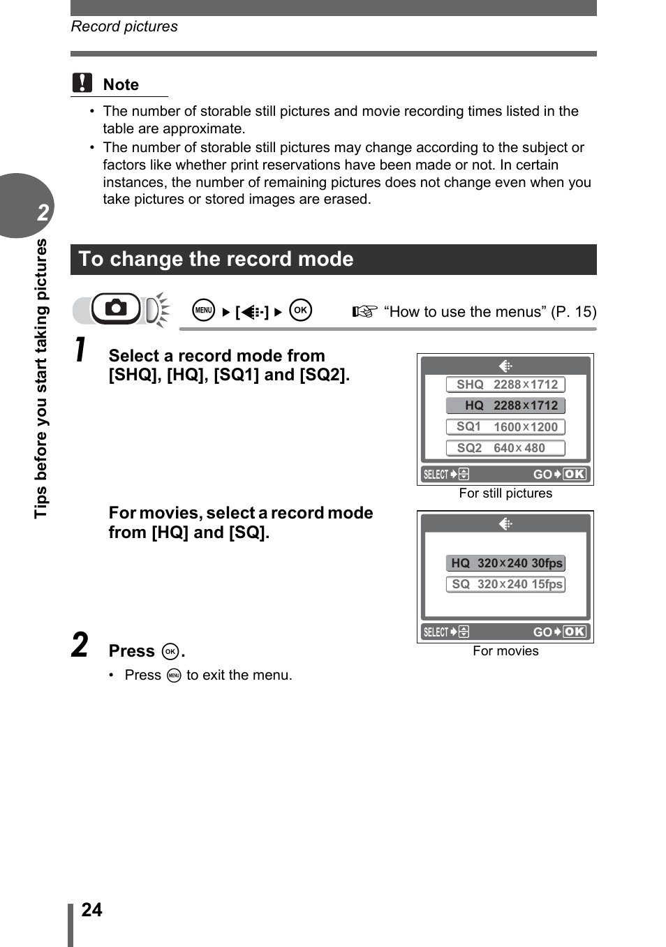 To change the record mode | Olympus C-170 User Manual | Page 24 / 114