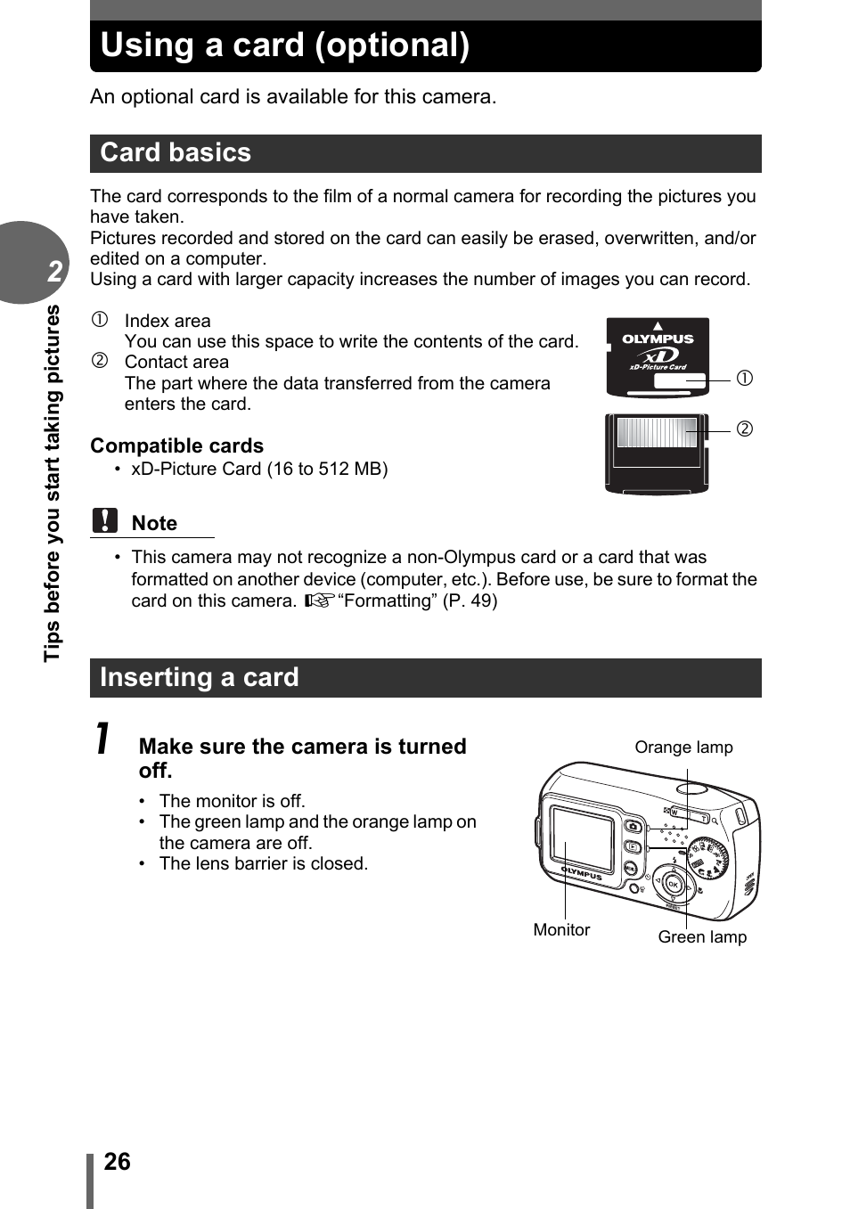 Using a card (optional), Card basics, Inserting a card | Card basics inserting a card | Olympus C-170 User Manual | Page 26 / 114
