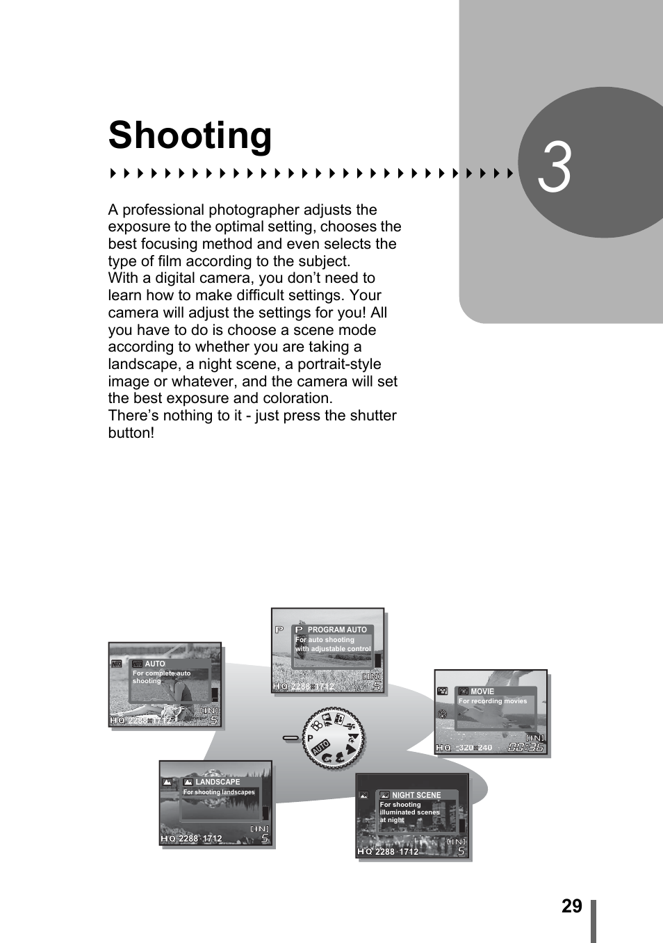 3 shooting, Shooting, P. 29 | Olympus C-170 User Manual | Page 29 / 114