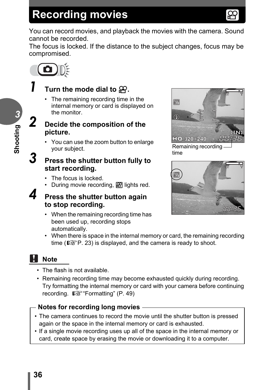 Recording movies | Olympus C-170 User Manual | Page 36 / 114