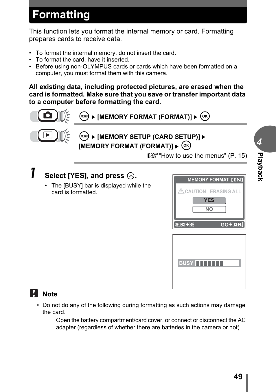 Formatting | Olympus C-170 User Manual | Page 49 / 114