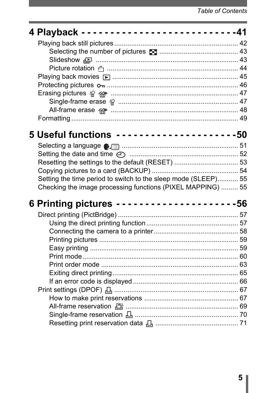4 playback, 5 useful functions, 6 printing pictures | Olympus C-170 User Manual | Page 5 / 114
