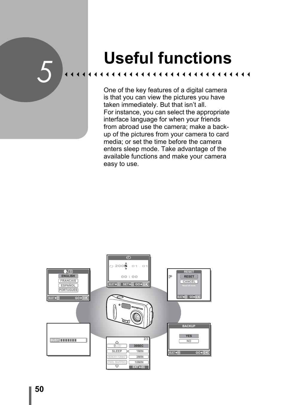 5 useful functions, Useful functions, P. 50 | Olympus C-170 User Manual | Page 50 / 114