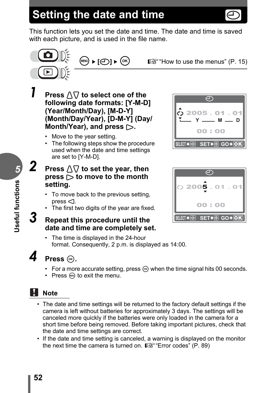 Setting the date and time | Olympus C-170 User Manual | Page 52 / 114