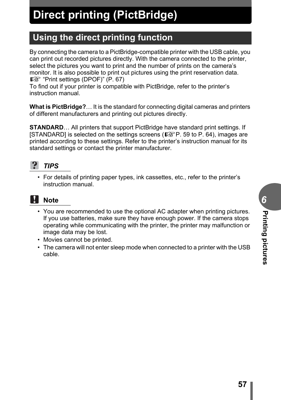 Direct printing (pictbridge), Using the direct printing function | Olympus C-170 User Manual | Page 57 / 114