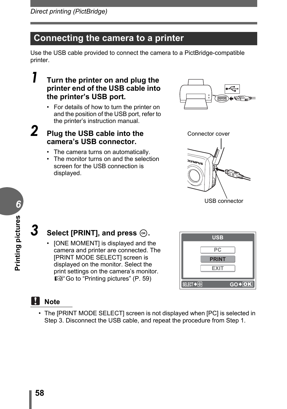 Connecting the camera to a printer | Olympus C-170 User Manual | Page 58 / 114
