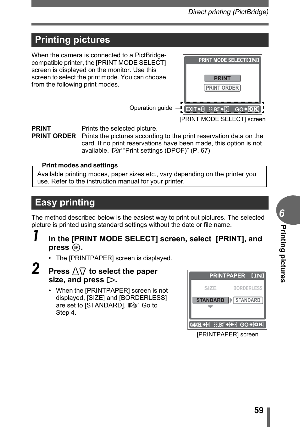 Printing pictures, Easy printing, Printing pictures easy printing | Olympus C-170 User Manual | Page 59 / 114