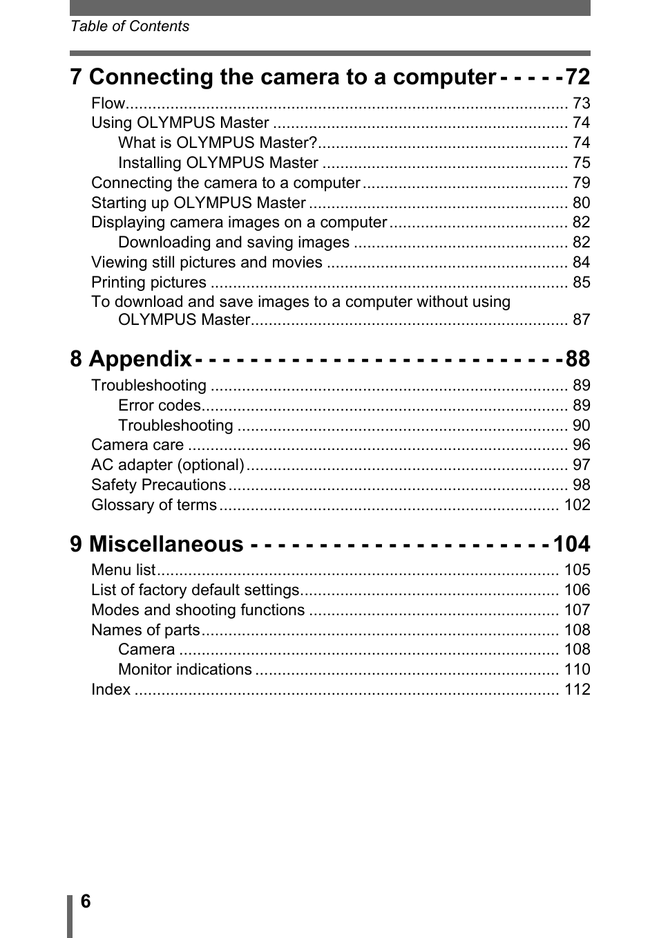 7 connecting the camera to a computer, 8 appendix, 9 miscellaneous | Olympus C-170 User Manual | Page 6 / 114