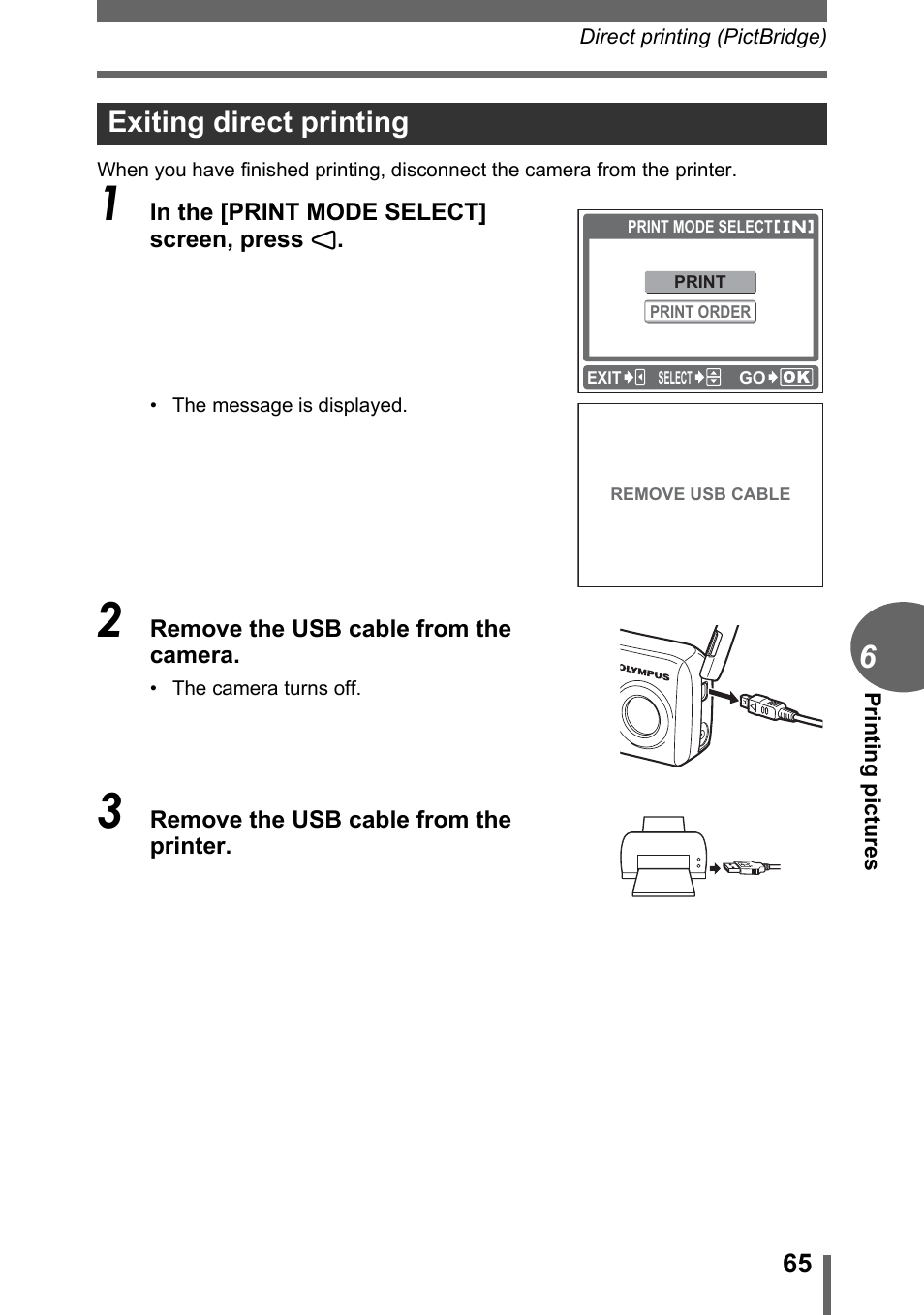 Exiting direct printing | Olympus C-170 User Manual | Page 65 / 114