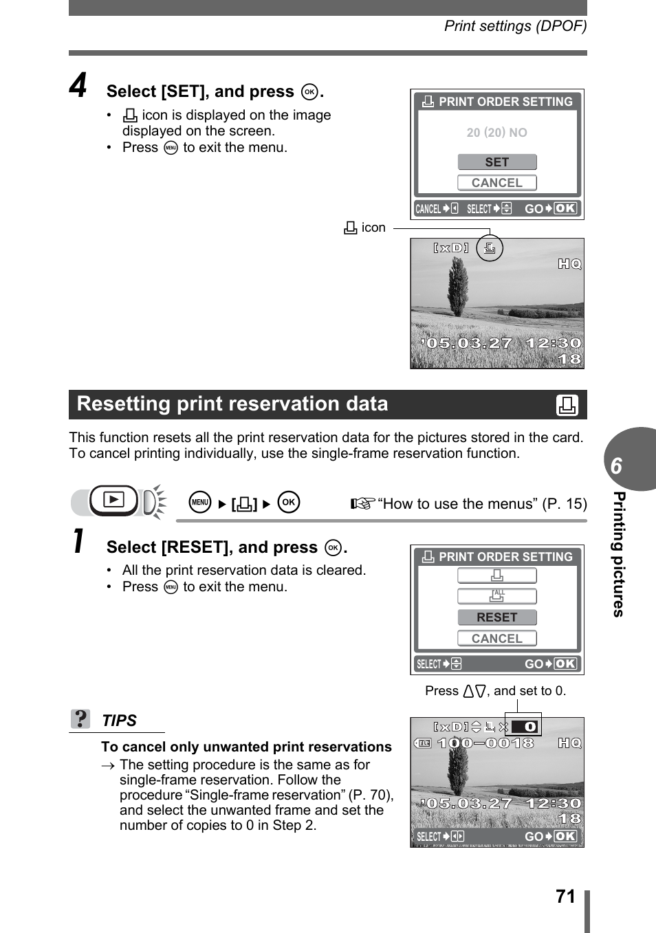 Resetting print reservation data | Olympus C-170 User Manual | Page 71 / 114