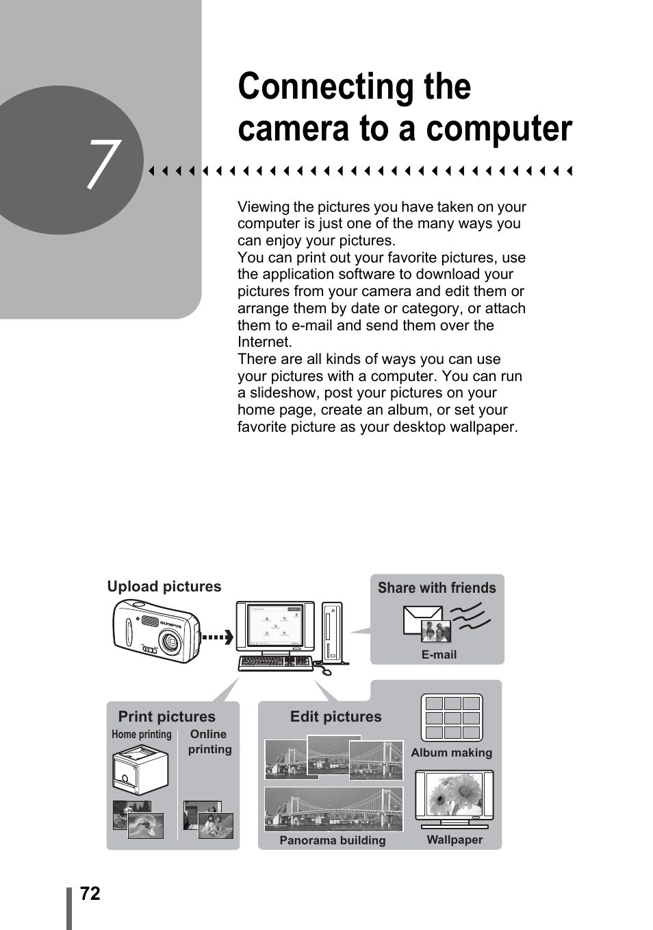 7 connecting the camera to a computer, Connecting the camera to, A computer | P. 72, Connecting the camera to a computer | Olympus C-170 User Manual | Page 72 / 114
