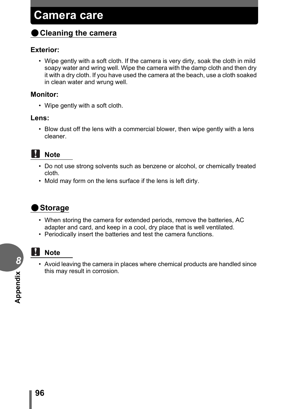 Camera care, P. 96 | Olympus C-170 User Manual | Page 96 / 114