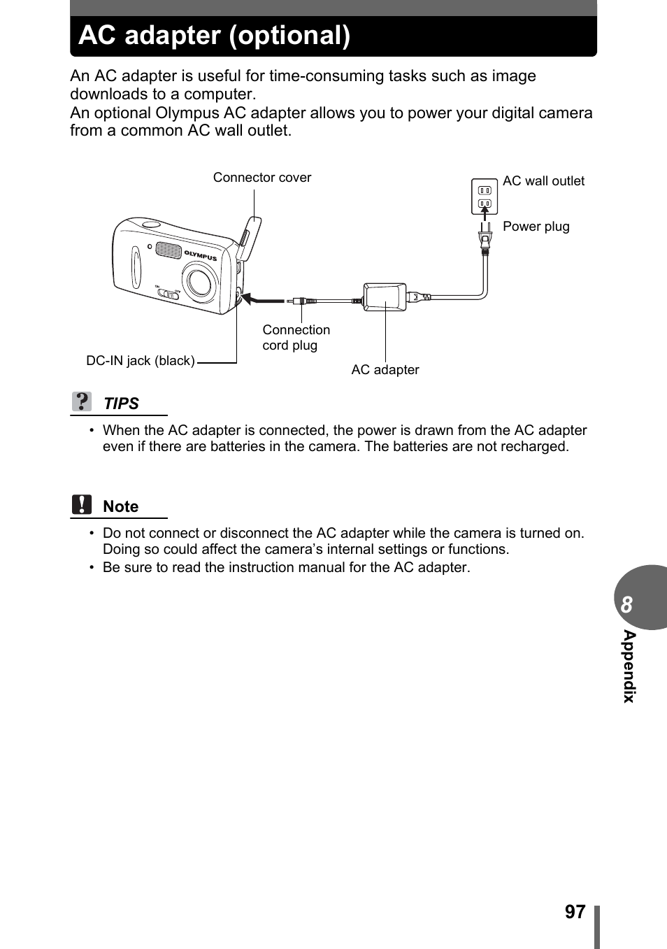 Ac adapter (optional) | Olympus C-170 User Manual | Page 97 / 114