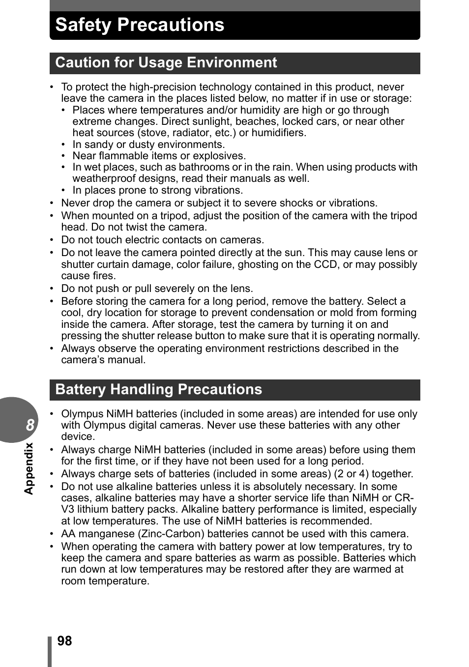 Safety precautions | Olympus C-170 User Manual | Page 98 / 114
