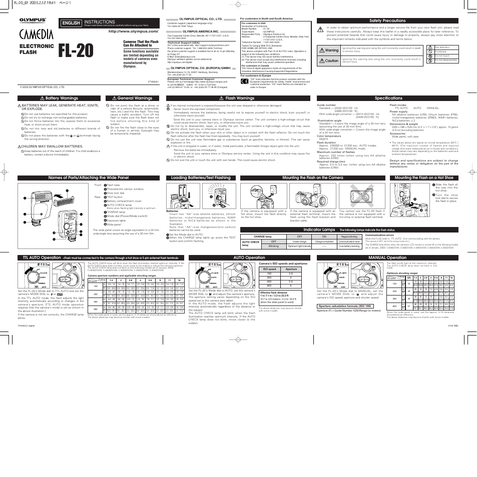 Olympus FL-20 User Manual | 3 pages