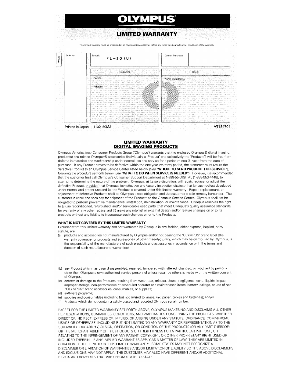 Warranty | Olympus FL-20 User Manual | Page 2 / 3