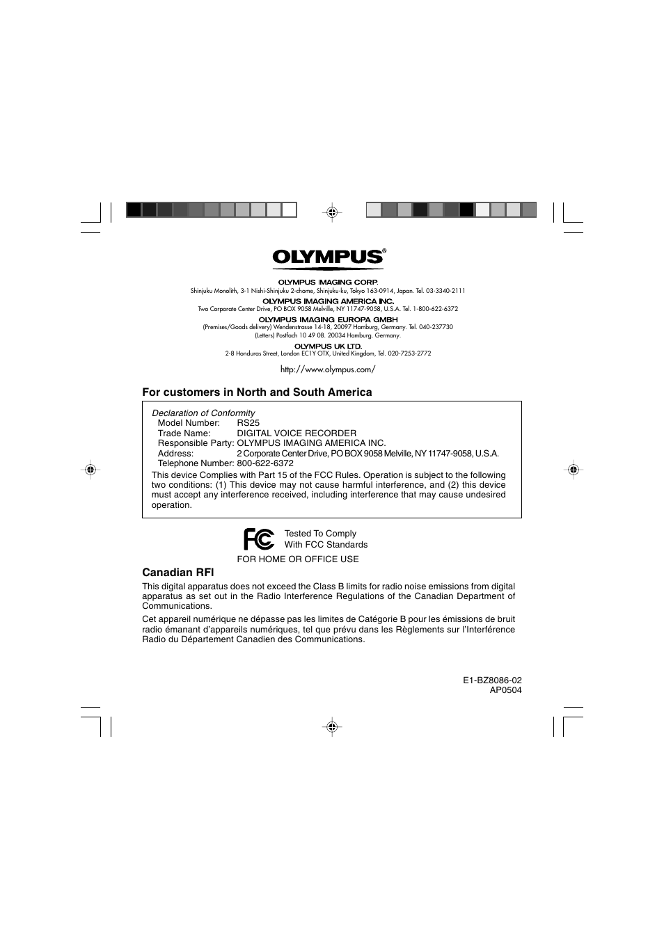 Canadian rfi, For customers in north and south america | Olympus AS-2300 User Manual | Page 20 / 20