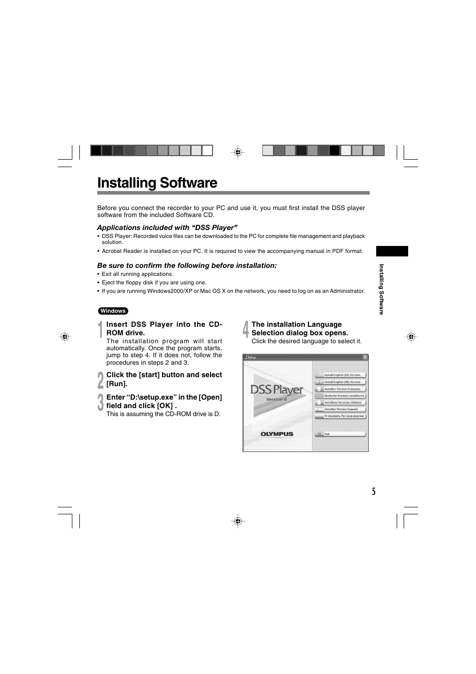 Installing software | Olympus AS-2300 User Manual | Page 5 / 20