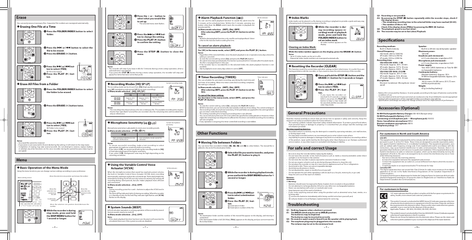 Erase, Other functions, Menu | General precautions, For safe and correct usage, Troubleshooting, Specifications, Accessories (optional), Herase all files from a folder, Hbasic operation of the menu mode | Olympus VN-6000  EN User Manual | Page 2 / 2