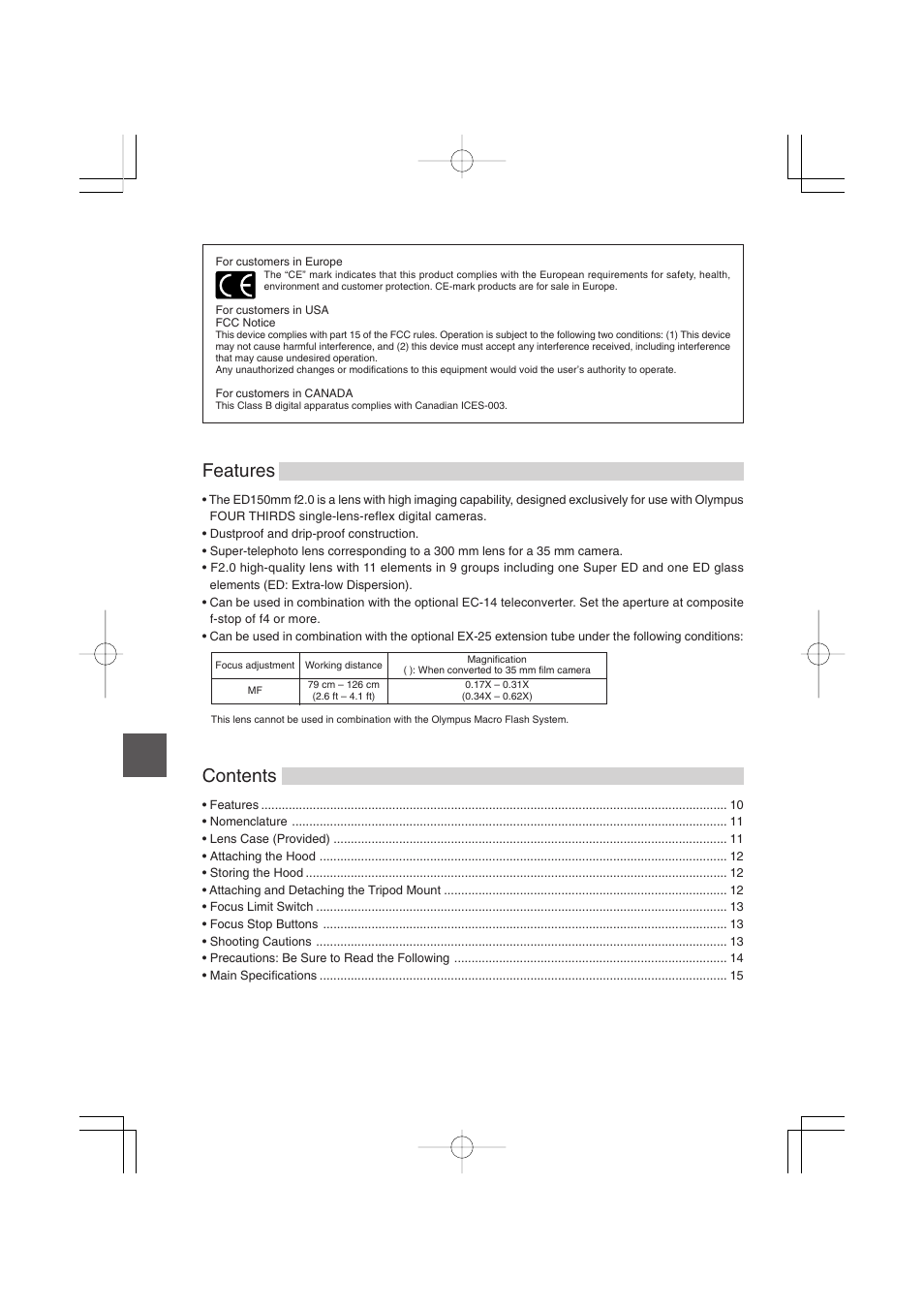 Contents features | Olympus Zuiko Digital ED150mm f2.0 User Manual | Page 2 / 8