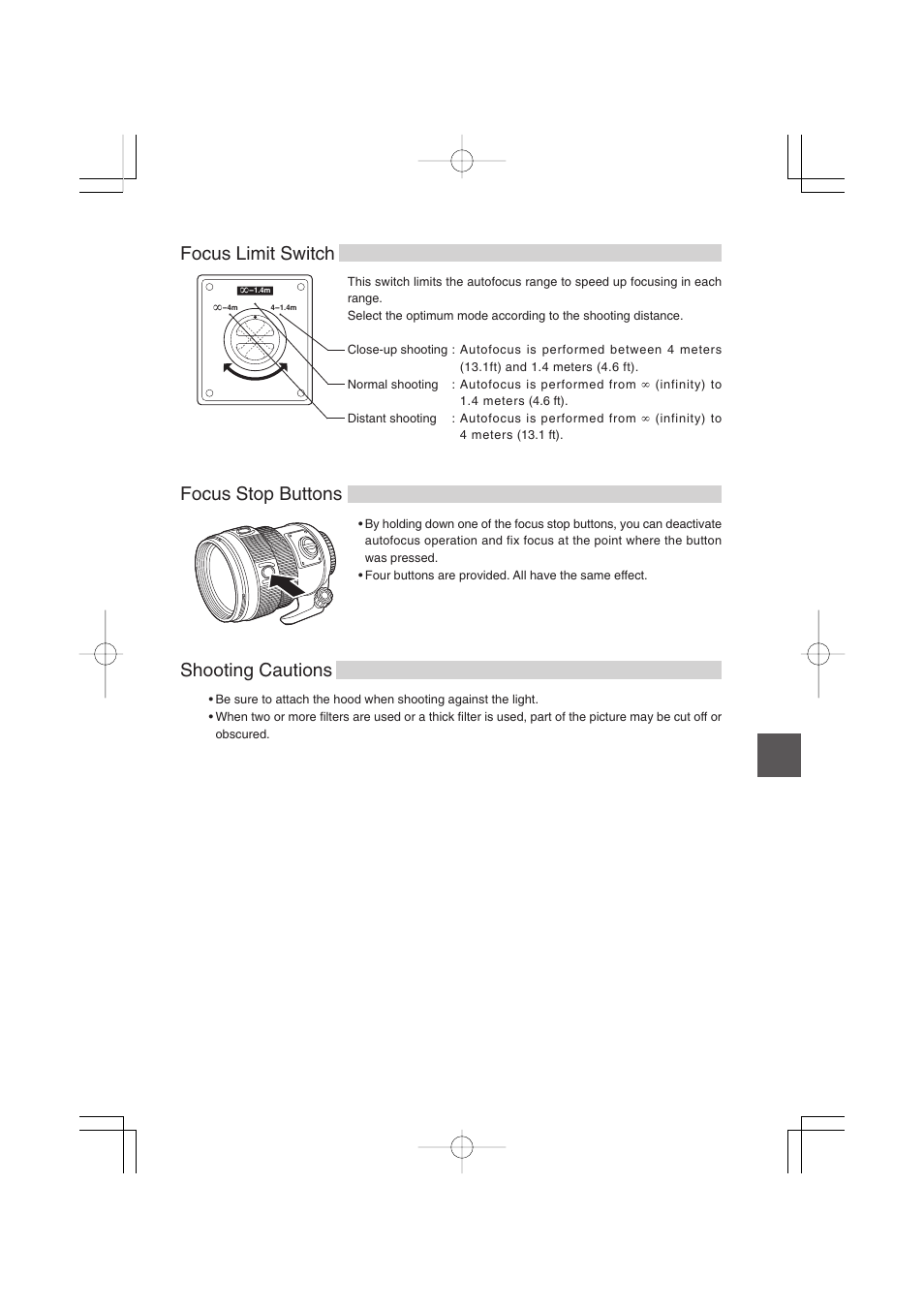 Focus limit switch, Focus stop buttons, Shooting cautions | Olympus Zuiko Digital ED150mm f2.0 User Manual | Page 5 / 8